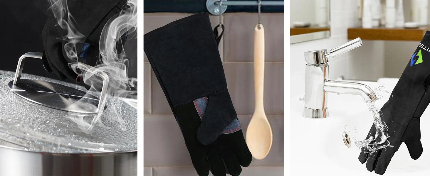 HITBOX 14 Zoll Schwarze Schweißhandschuhe für Lichtbogenschweißen MMA TIG MIG Ofenhandschuhe Hitzebeständige Anti-Tierbiss-Arbeitshandschuhe – Detail 3