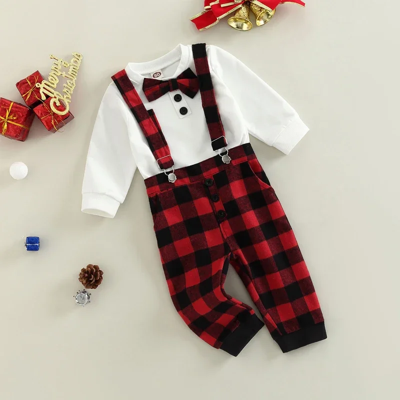 0-18M Boys Baby Party Christmas Clothes Set Long Sleeve Bow-tie Tops Plaid Suspender Pants Toddler Boys Overalls Party Outfits