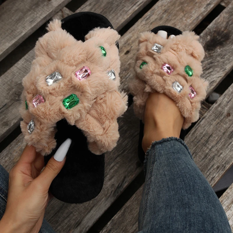 

Women Slippers Fashion Crystal Decorate Classic Crossover Design Home Open Toe Indoor Flat Non-slip Leisure Interior Woman Shoes