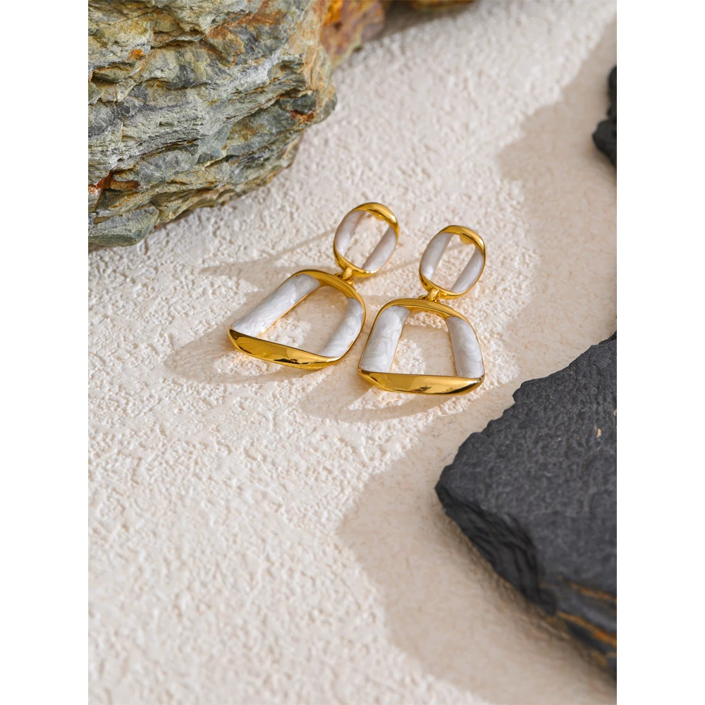 Yhpup Trendy Stainless Steel White Enamel Rectangle Hollow Drop Earrings 18K Gold Color Plated Versatile Daily Jewelry Gift