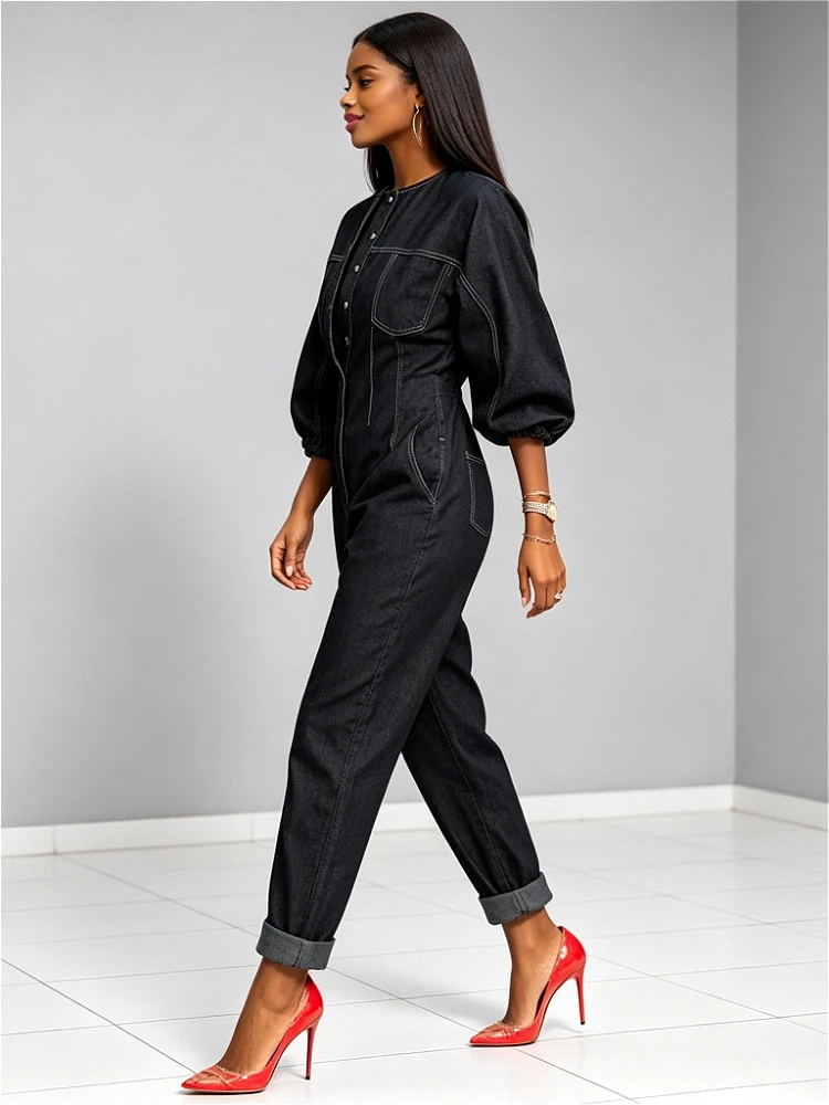 Streetwear Denim Jumpsuits Women 2026 Vintage Puff Sleeve O-Neck Button High Waist Pockets Bright Line Decoration Jumpsuit