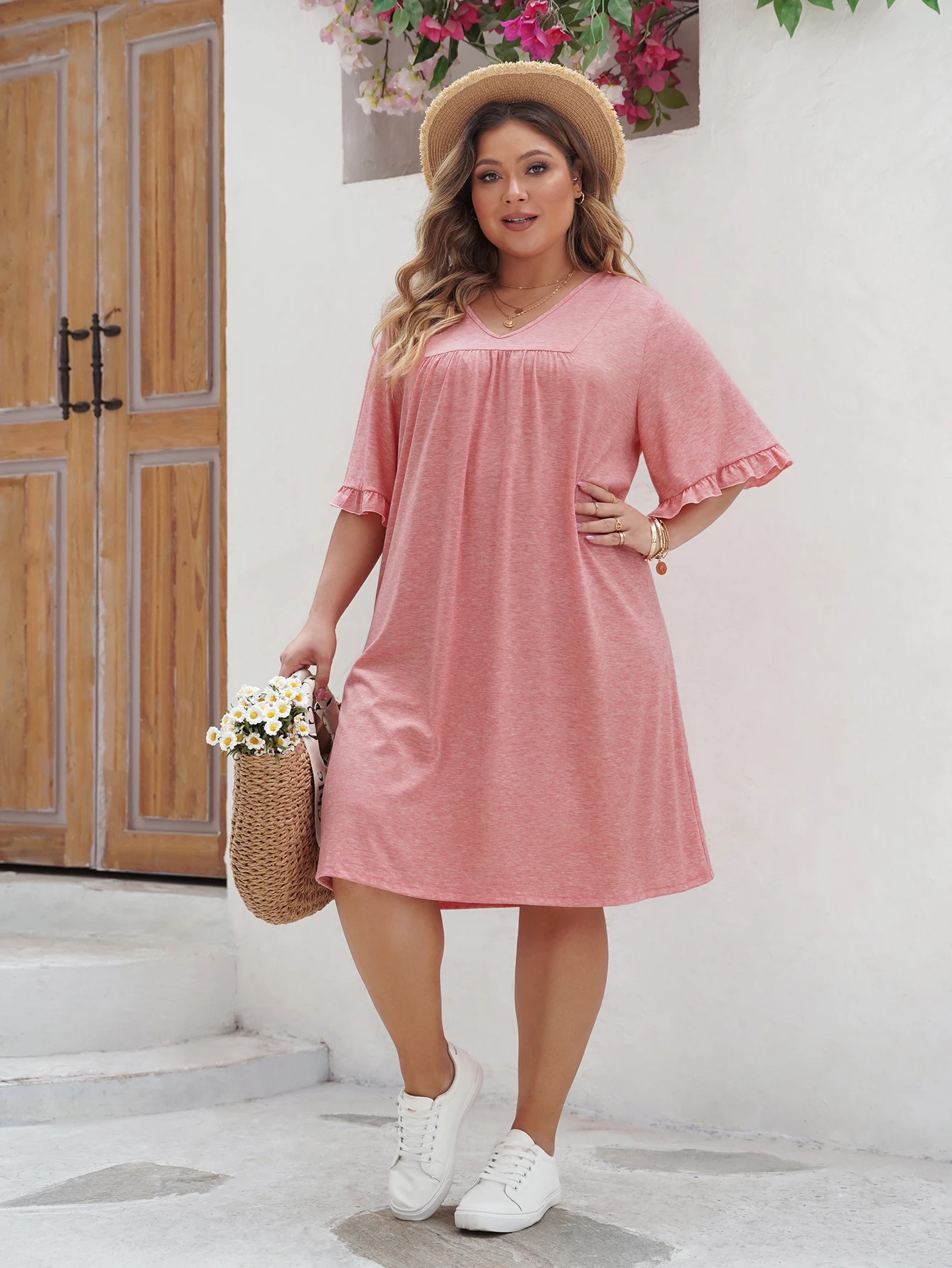 3XL 4XL Plus Size Women\'s Clothes Summer V-neck Loose Long Dresses Casual Solid Short Sleeve Elegant Party Female Midi Dress