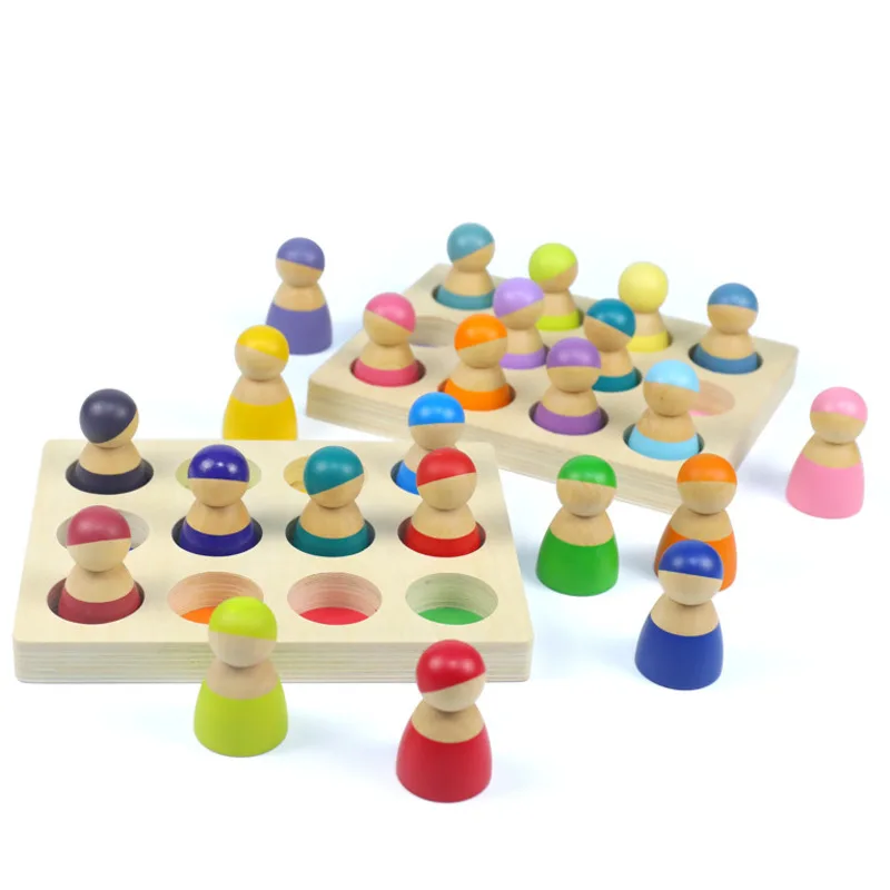 Montessori Rainbow Color Sorting Board Wood Balls Tray Cognitive Matching Peg Dolls Coins Rings Educational Toys For Children