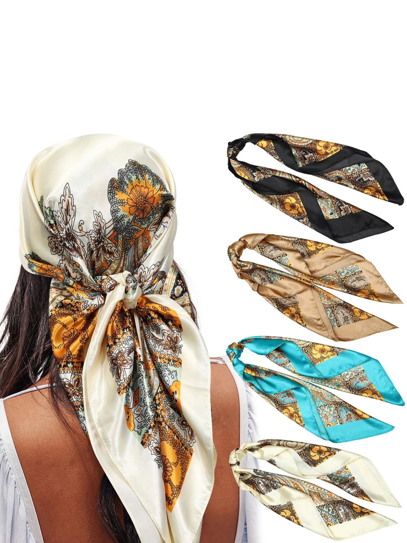 

4 шт./компл. этническая мода ‌ Шарфы для волос с цветочным принтом, богемный атласный платок, квадратная повязка на голову, вечерние головные уборы, тюрбан, повязка на голову, головной убор