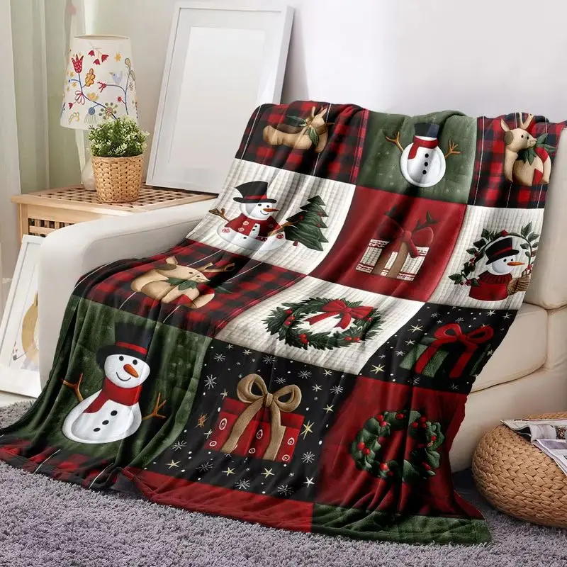 VIKAMA Christmas Throw Blanket Patchwork Snowman Reindeer Tree Wreath Soft Plush Fleece Couch Sofa Blanket Holiday Decor