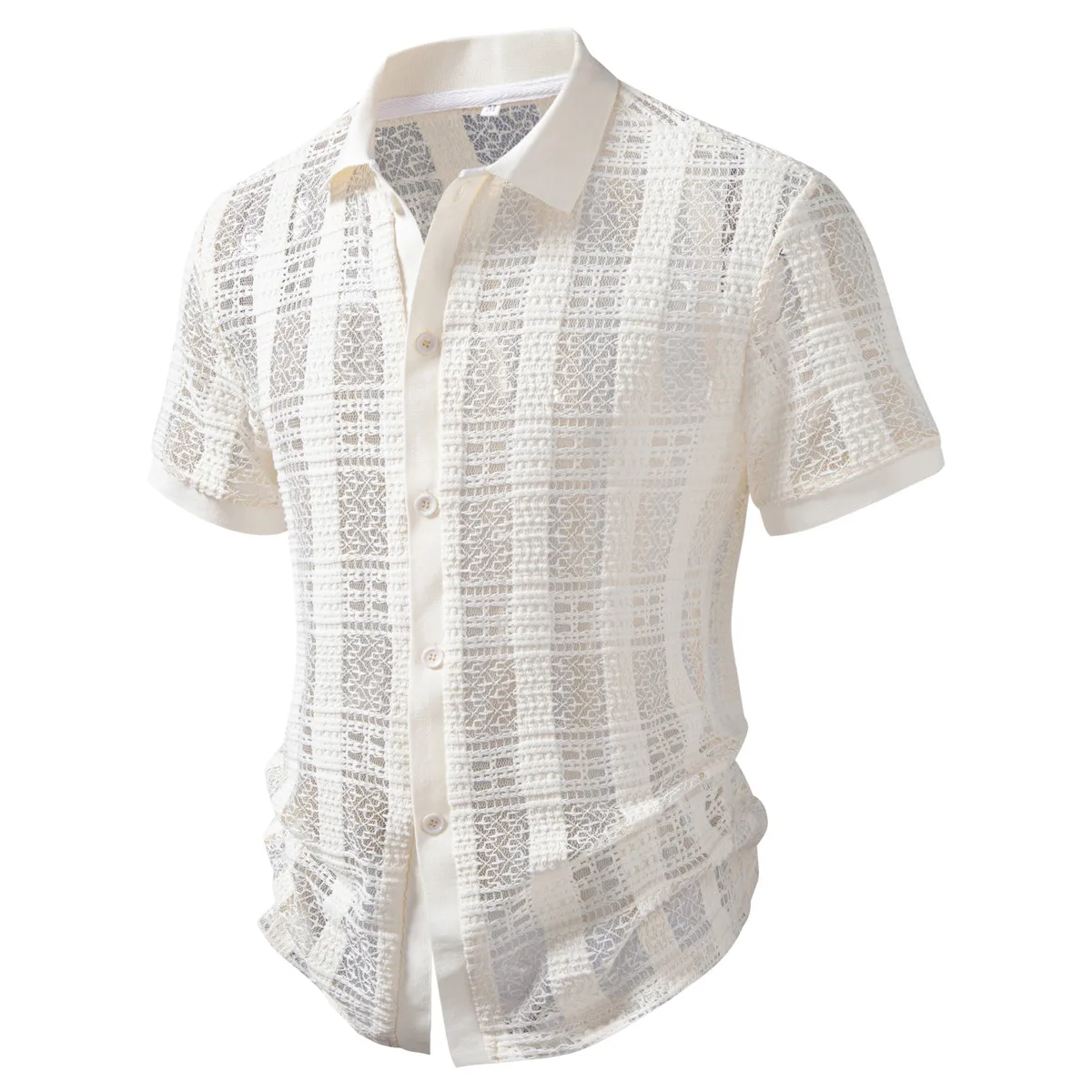 Men's Casual Jacquard Shirt European American Style Lapel Hollowed-Out Short Sleeve Fashionable Summer Clothing