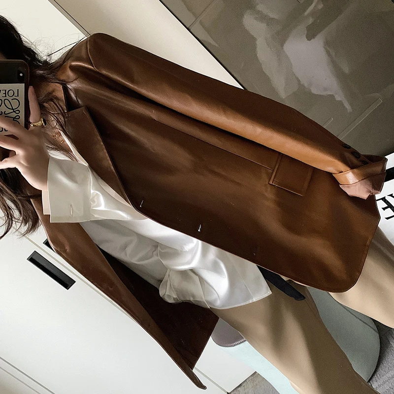 Korean Casual Vintage Women Faux Pu Leather Suit Jacket Coffee Color Black Autumn New Notched Collar Long Sleeve Female Coat