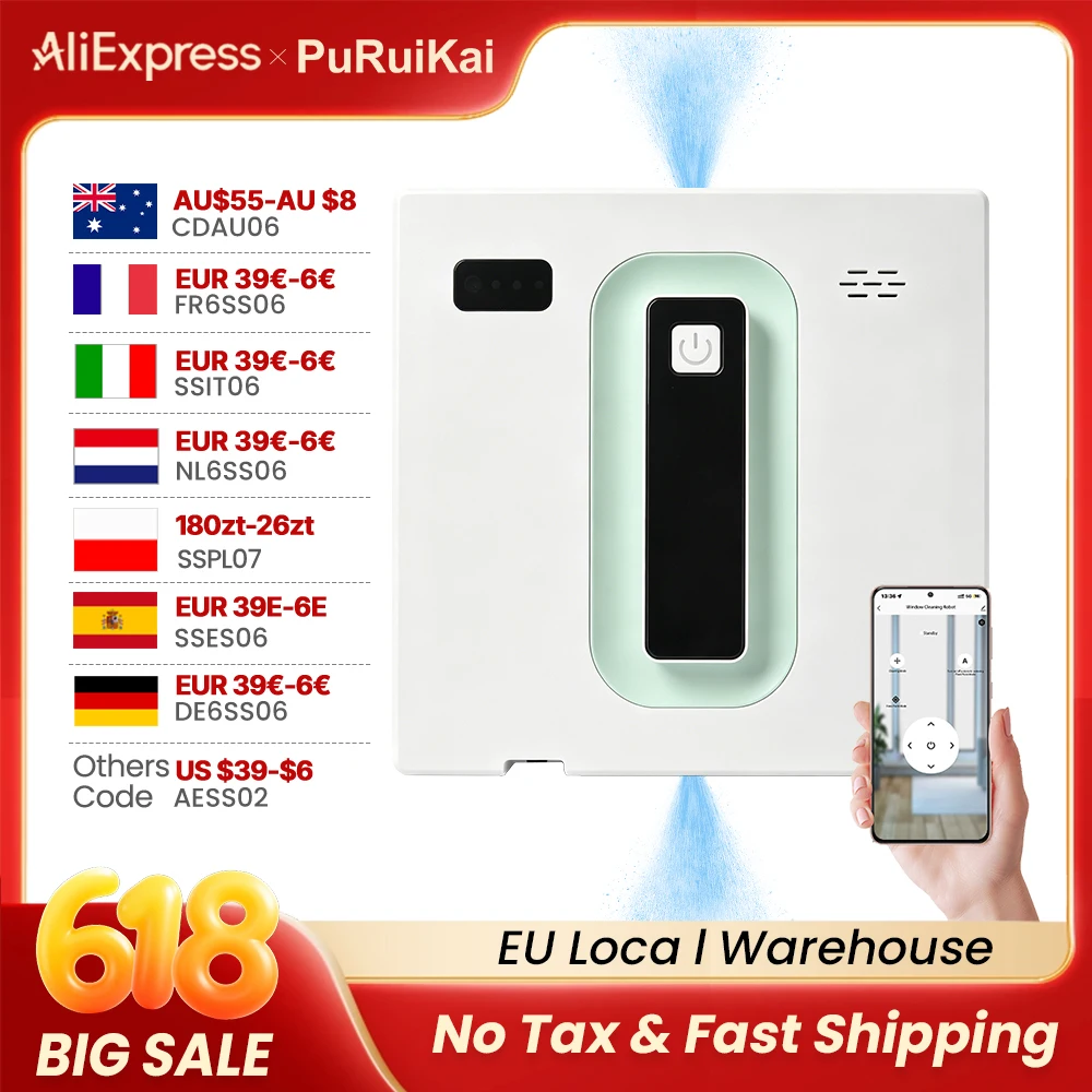 Robot de nettoyage de vitres automatique électrique PuRuiKai, avec application/télécommande, avec diffusion vocale, pulvérisation automatique bidirectionnelle