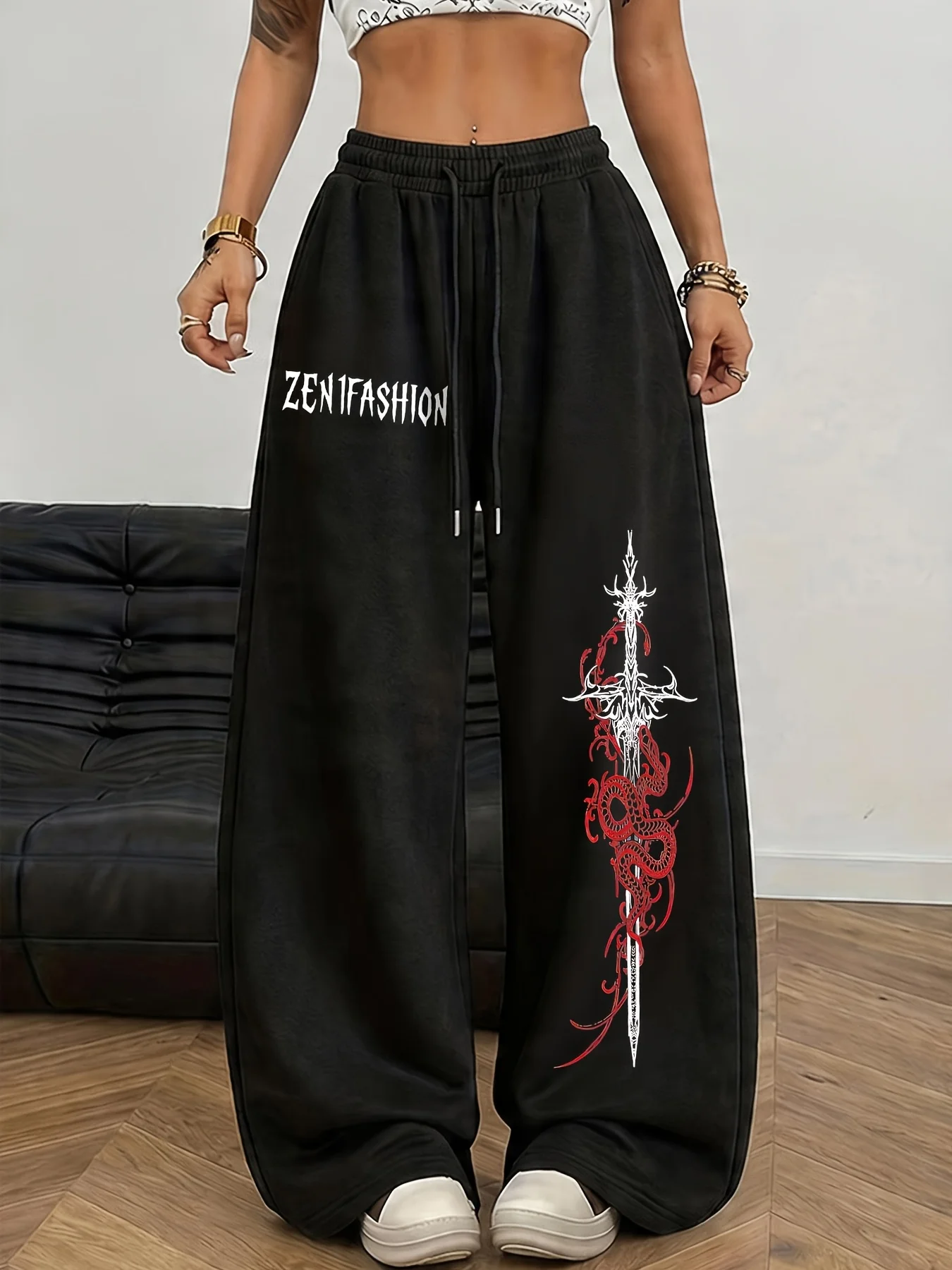American Street Style Dragon Patterned Sword Pattern Printed Black Pants for Women's Casual Sports Straight Leg Pants