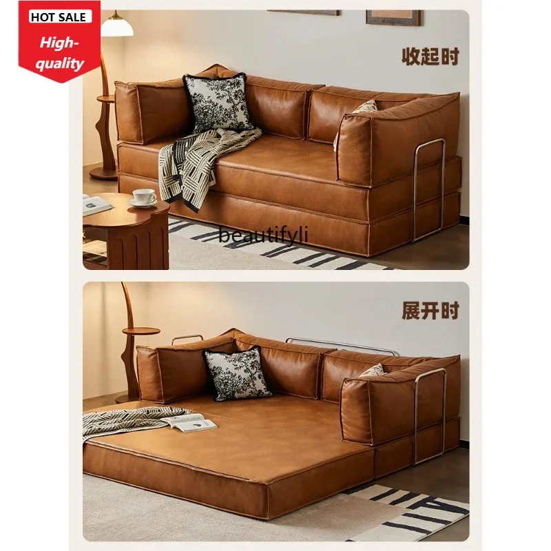 French Retro Sofa Bed Small Apartment Living Room Dual-Use New Oil Wax Cloth Ancient Style Module Sofa