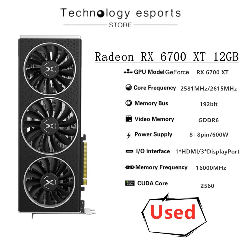 XFX 오리지널 AMD Radeon RX6700XT 12G 7nm 192bit 더블 팬 그래픽 AMD 비디오 데스크탑 PC 게임 맵 중고 썸네일 6