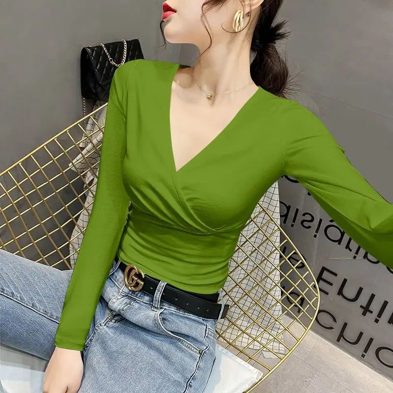 여성 브이넥 긴팔 반팔 티셔츠, 슬림핏 슬림핏, 얇고 코디하기 쉬운 단색, 용수철 가을 패션, 2023 신상