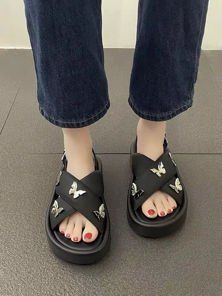 Sandals for Woman Flat Rubber Black Women\'s Shoes Footwear Summer 2024 Open Toe Roman Style Platform Sandal Vip H Asian Size F