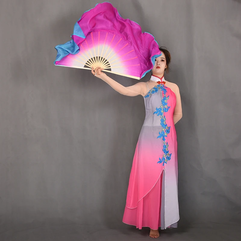 Women Bellydance Silk Veil Pairs Adults Real Silk Fan Veil Double Sided Bamboo Long Fan Hand Dye Blue Pink Flowy Dancer Props - Image 3