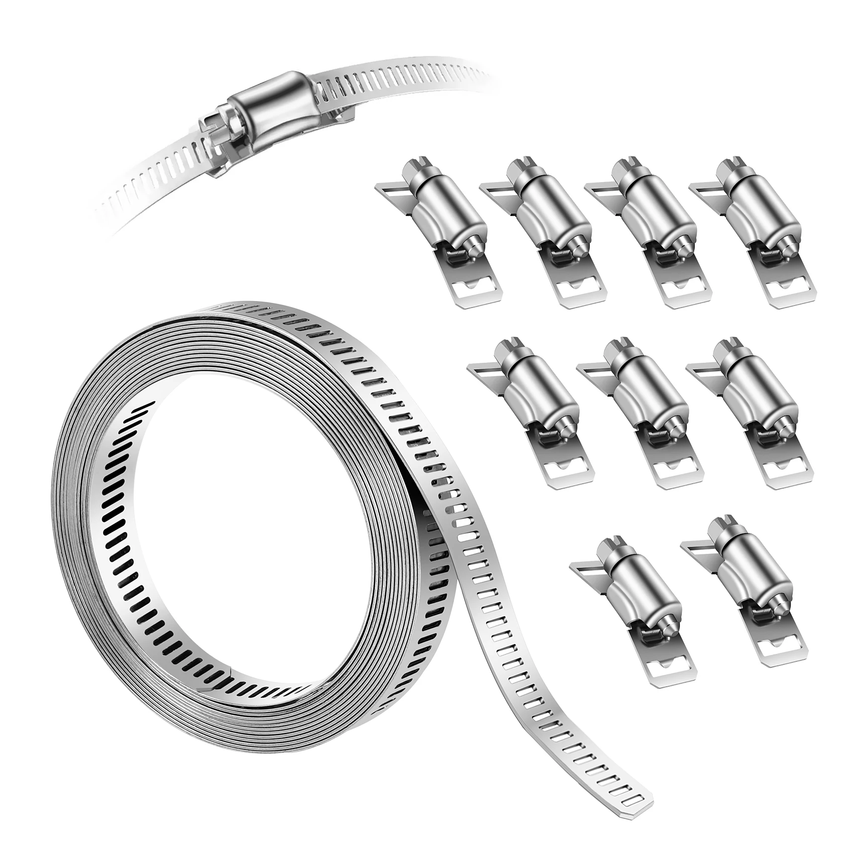 M12K-DIY Clamp Hose Clamp Pipe Hose Stainless Steel Silver 9.84Ft Adjustable Band With 10 Pieces Attachment