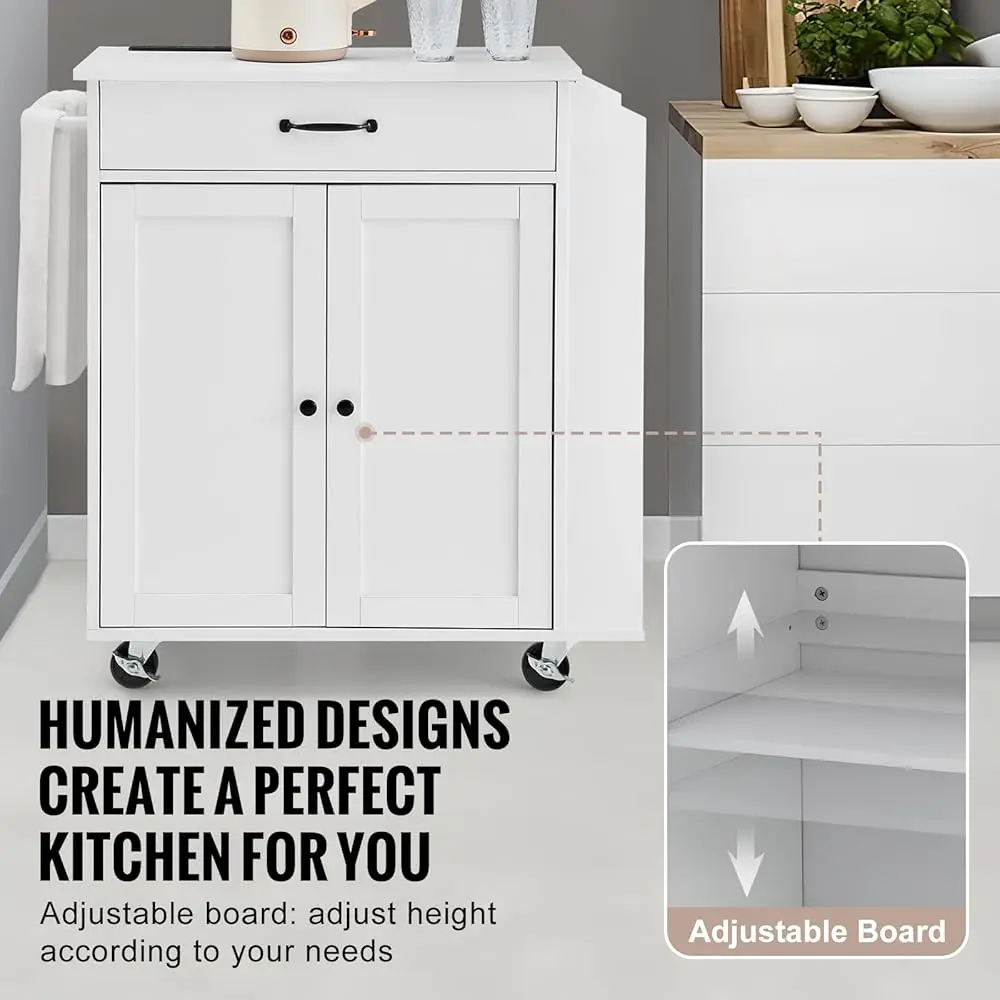 Kitchen Island Cart, 32"" Mobile Carts With Storage Cabinet, Rolling Table With Power Outlet, Spice Rack, Towel Bar, Adjustable