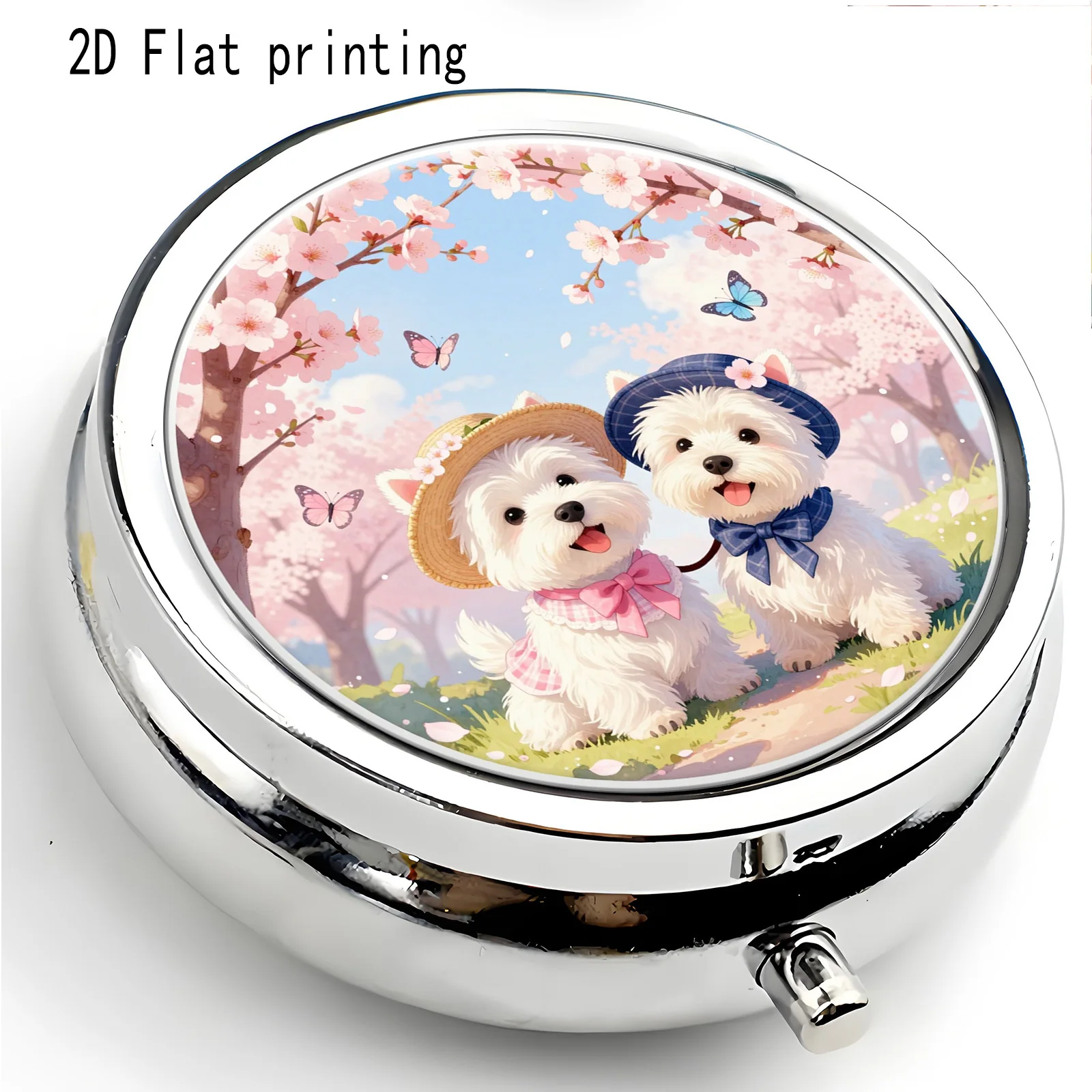 Single-piece, flat, round three-compartment storage box, designed with a West Highland White Terrier and cherry blossom pattern, featuring a metal flip lid. The material is soft and non-glaring, suitable for gifting to elders or friends, made of metal