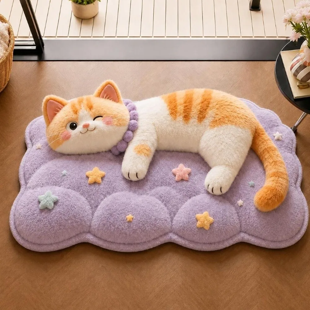 Cute 2D Cat Area Rug Pashmina Non-Slip Home Decor Carpet Easy to Clean Anti-fouling Cartoon Carpet Living Rooms