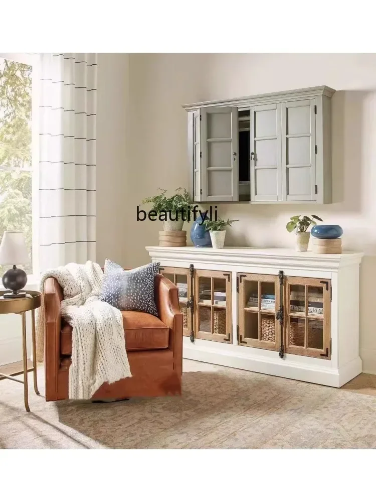 

NQ Nordic Solid Wood Modern Simple TV Cabinet Light Luxury Sideboard Cabinet Living Room Wine Display Cabinet French White