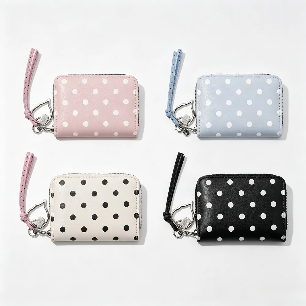 Korean Style Polka Dot PU Leather Card Wallet Cute Heart Pendant Zipper Purse Multi Slots Card Holder for Women Girls
