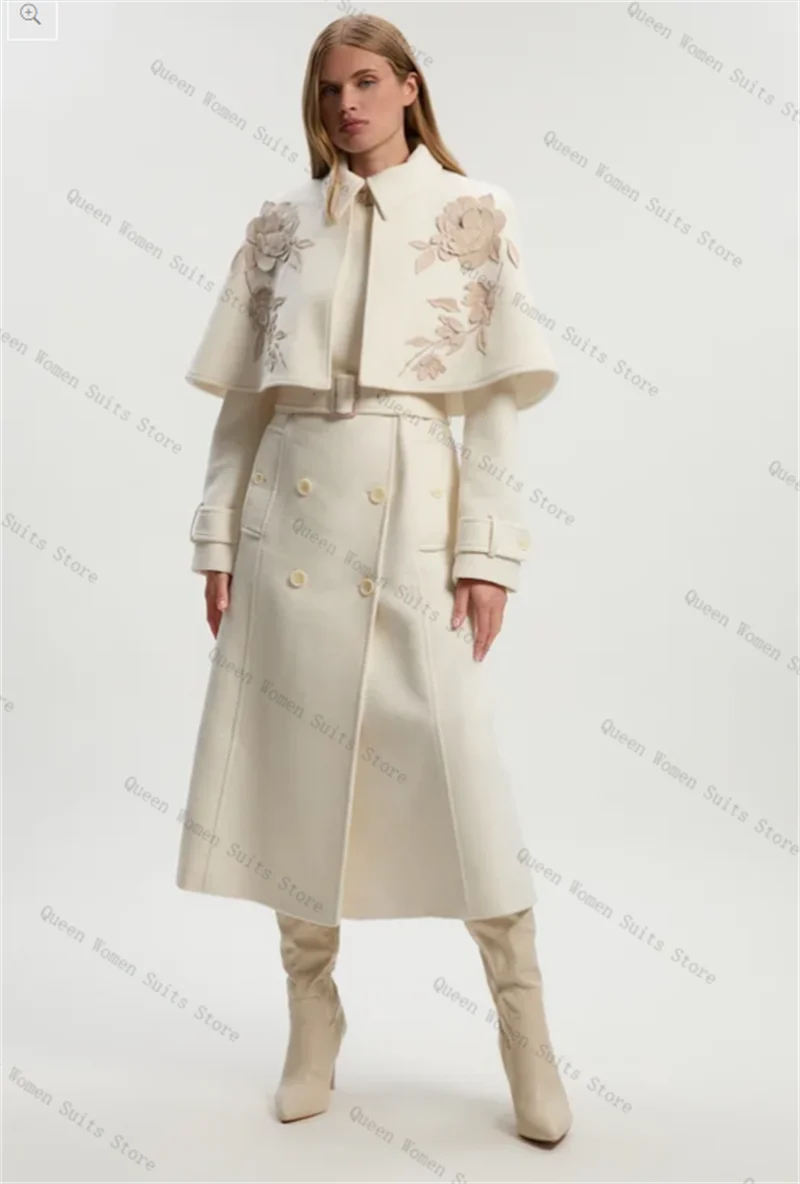 

Beige Cashmere Cape Women Suit 1 Piece Long Blazer Appliqued Prom Dress Winter Formal Office Jacket Wool Overcoat Customized