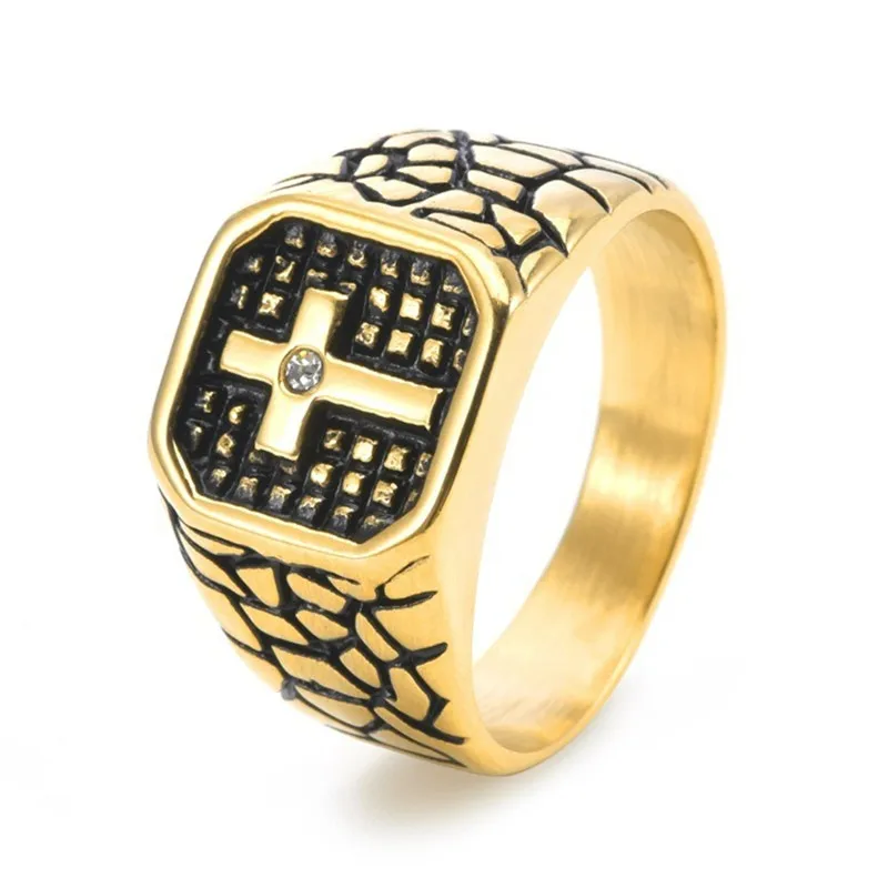Trendy Cool Cross Titanium Rings for Men Irregular Pattern Carving Diamond Inlaid Masculine Stainless Steel Finger Bands Jewelry