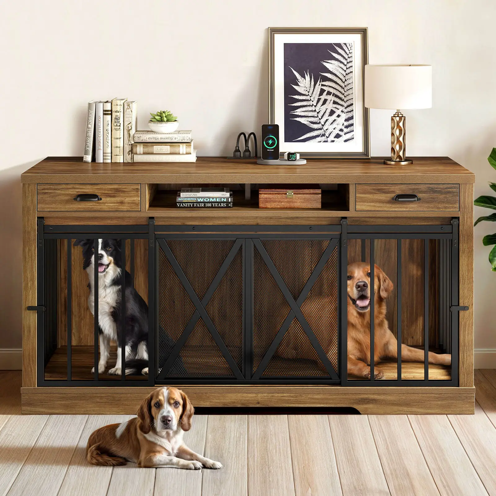 

63" Indoor Wooden Dog Kennel Dog Crate Furniture TV Stand with Charging Station
