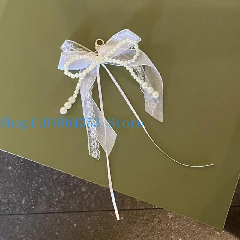 

652F Ribbon Keychain for Fashion Individuals Beaded Bowknot Bag Pendant