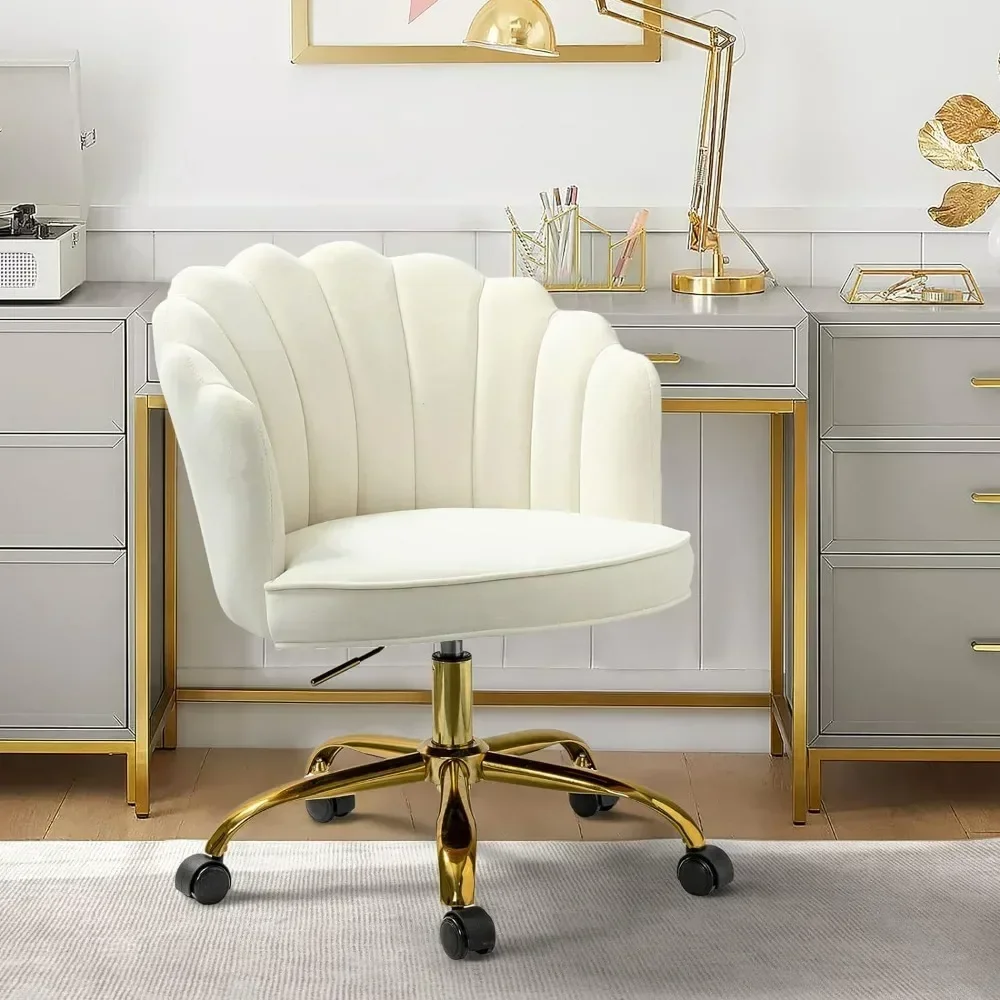 Home Office Chair with Gold Base, Womans Modern Cute Shell Back Upholstered Desk Chair for Vanity, Adjustable Swivel Task Chair