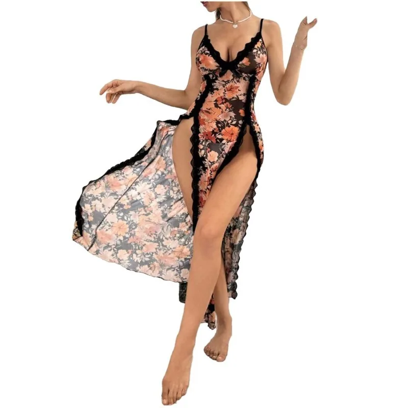 المرأة شبكة طباعة الدانتيل مزدوجة سبليت حزب اللباس بيجامة مجموعة جديدة الخامس الرقبة مثير تصميم قمصان النوم قمصان النوم