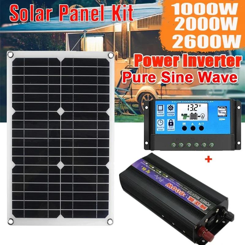 1000-2600WLCD Display Solar Power Inverter 18V18WSolar Panel 30A Charge Controller Car Solar Inverter Kit Complete Generation