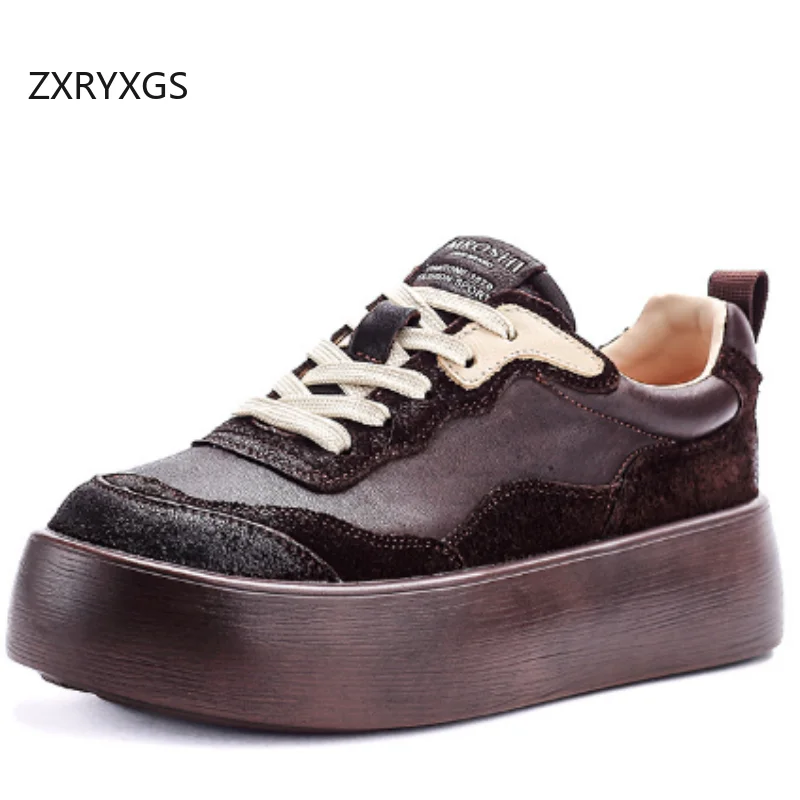 ZXRYXGS 2025 New Fashion Top Layer Cowhide Leather Sneakers Platform Shoes Women Elevator Sneakers Temperament Trendy Shoes