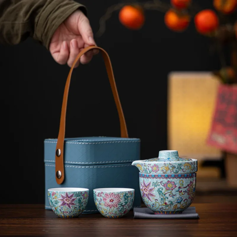 Enamel Travel Tea Set Ceramic Quick Guest Cup Portable Tea Brewing Utensil Gift One Pot Two Cups Colorful Tea Cups Teaware Cool