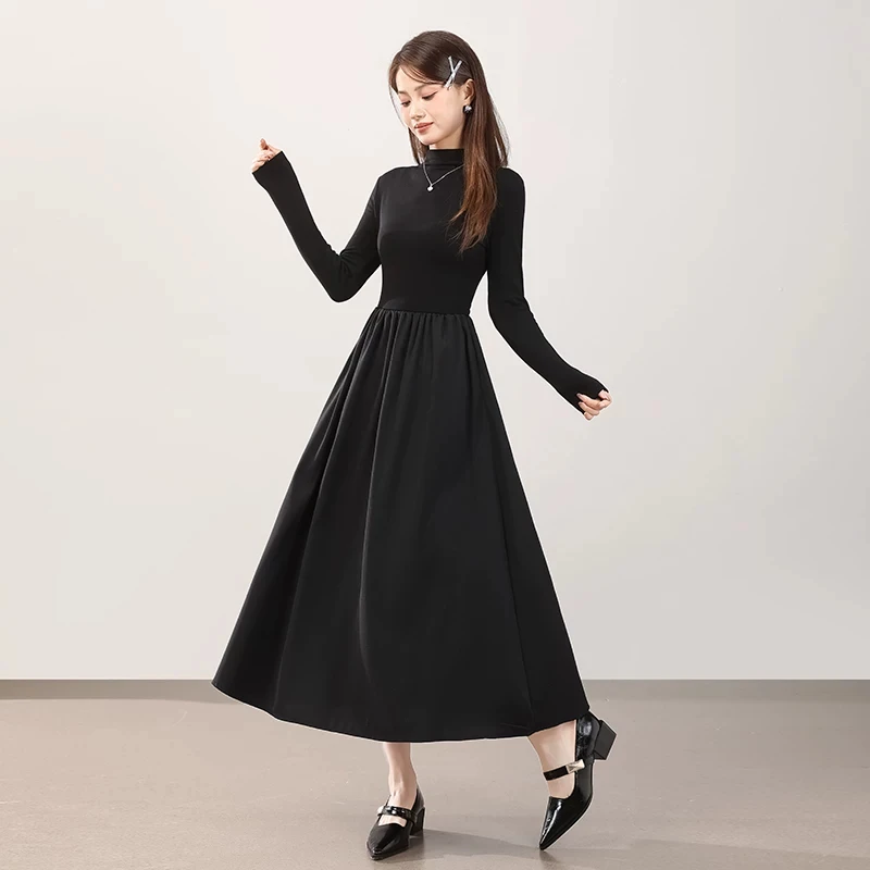 Black Midi Dress Women Long Sleeve Mock Neck High Waist A-line Swing Dress Autumn Winter Casual Work Evening Party Dress