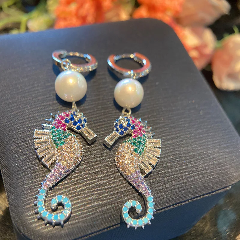 Bilincolor Underwater World Animal Seahorse Pearl Micro-set Zircon Earrings for Women