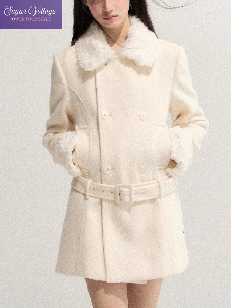 

French Elegant Winter Woolen Coat Women's Slim Mid Long Faux Fur Lapel Double Breasted Belted Waist Beige Office Casual Jackets