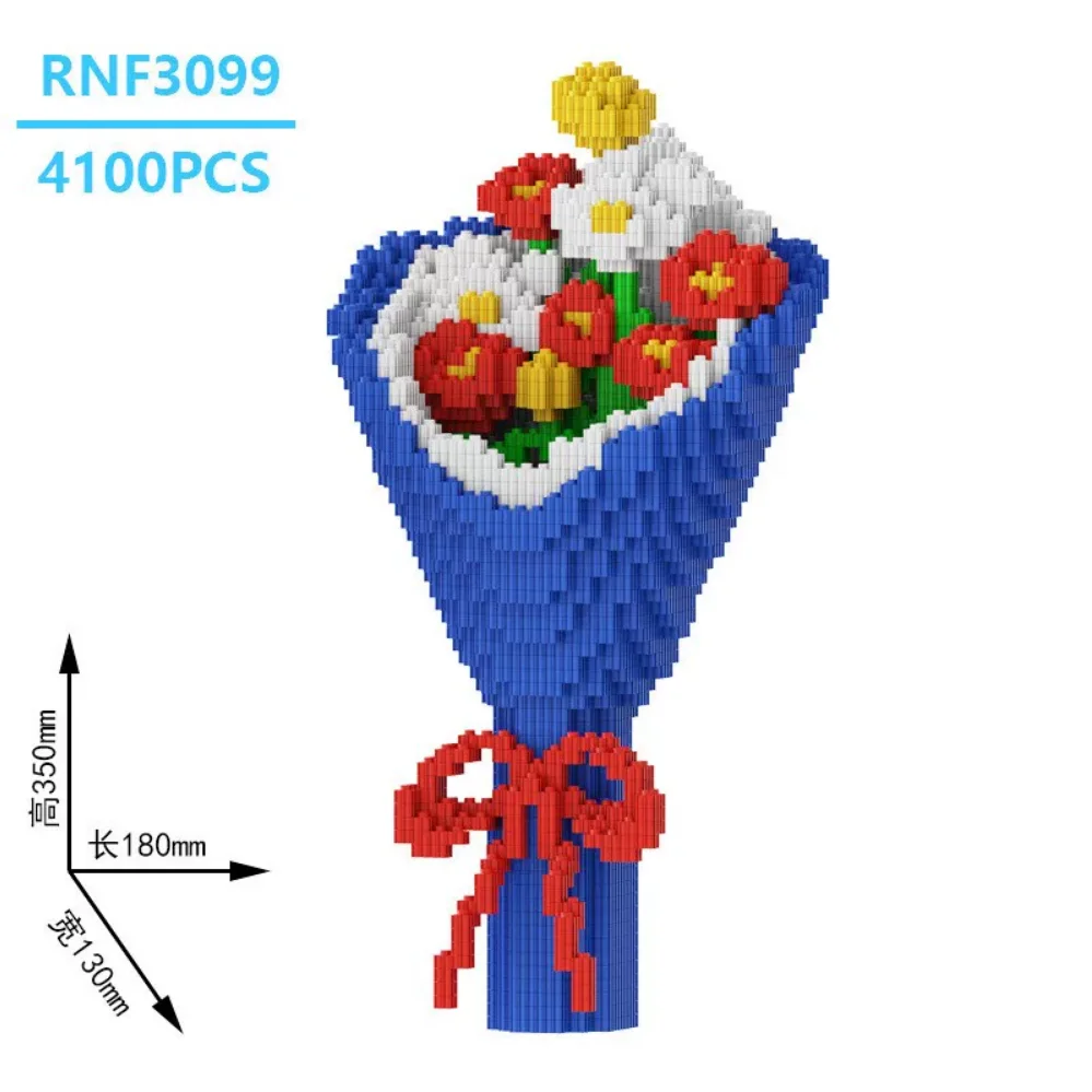 Red Rose Bundle Building Blocks Eternal Flower Assembly Building Blocks for Mother, Girlfriend's Holiday Gift Desktop Decoration