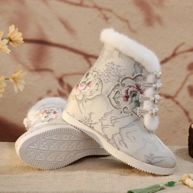 Women Embroidered Fur Lined Ankle Boots Height Increased Short Plush Warm Winter Booties with Traditional Button