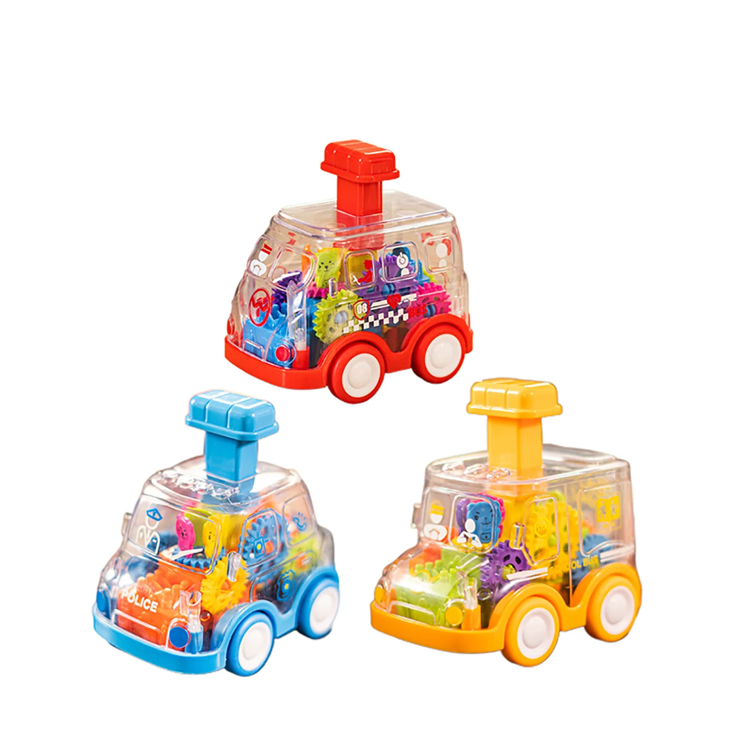 Children's cartoon transparent gear toy car puzzle press sliding car gift for boys and girls