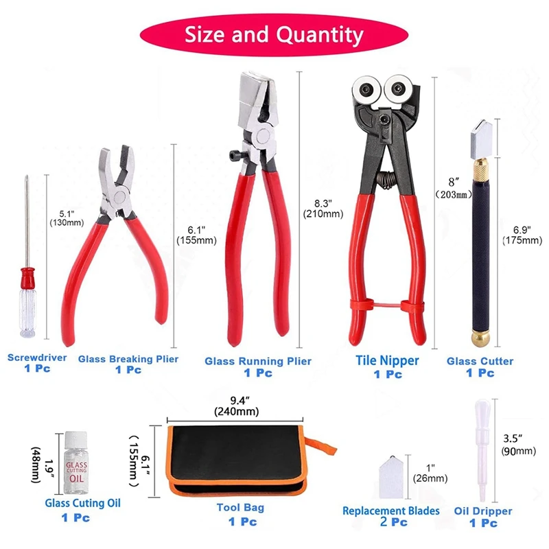 Glass Cutting Tool Set Kit, Wheeled Glass Tile Nippers Glass Running Pliers Breaking Pliers Oil Feed Glass Cutter Set-A73M view 5