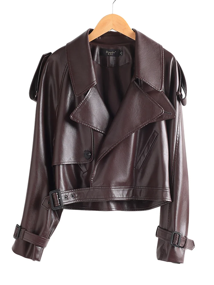 Real Leather Biker Jaet Women's ort Sle Spring Autumn Loose Fit High End eepskin Coat Commute Faion oulder Pads