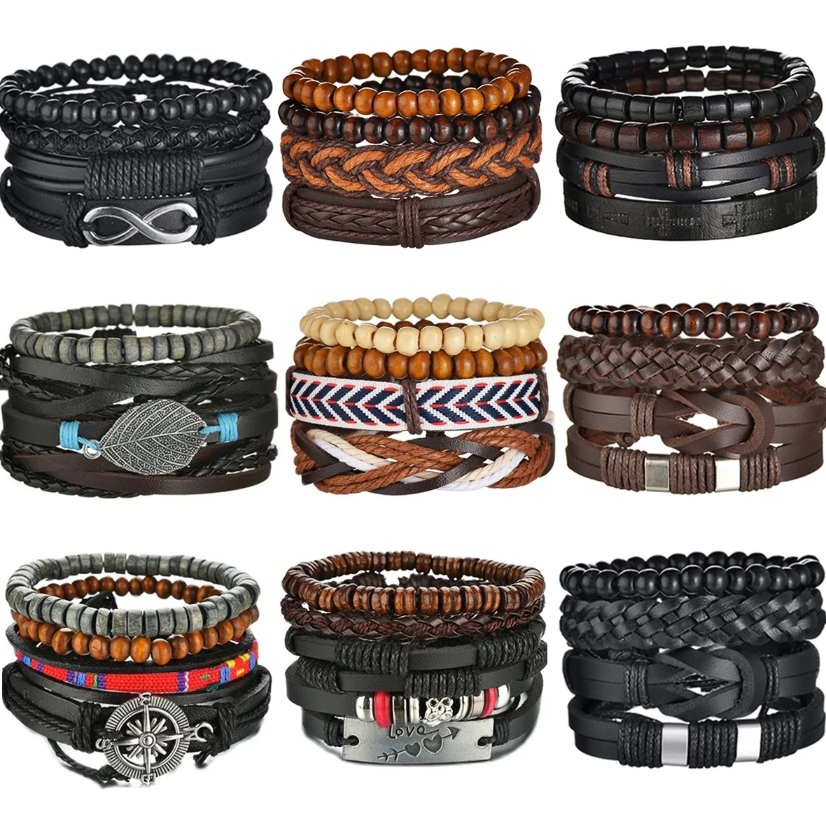 Nuovo Trendy Retro 4 pz/set Bracciali e Braccialetti da Uomo Multistrato in Pelle Nera Gioielli Fascino Pulseiras Fidanzato Polsino