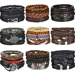 New Trendy Retro 4pcs/Set Bracelets & Bangles Men's Multilayer Black Leather Jewelry Charm Pulseiras Boyfriend Wristband