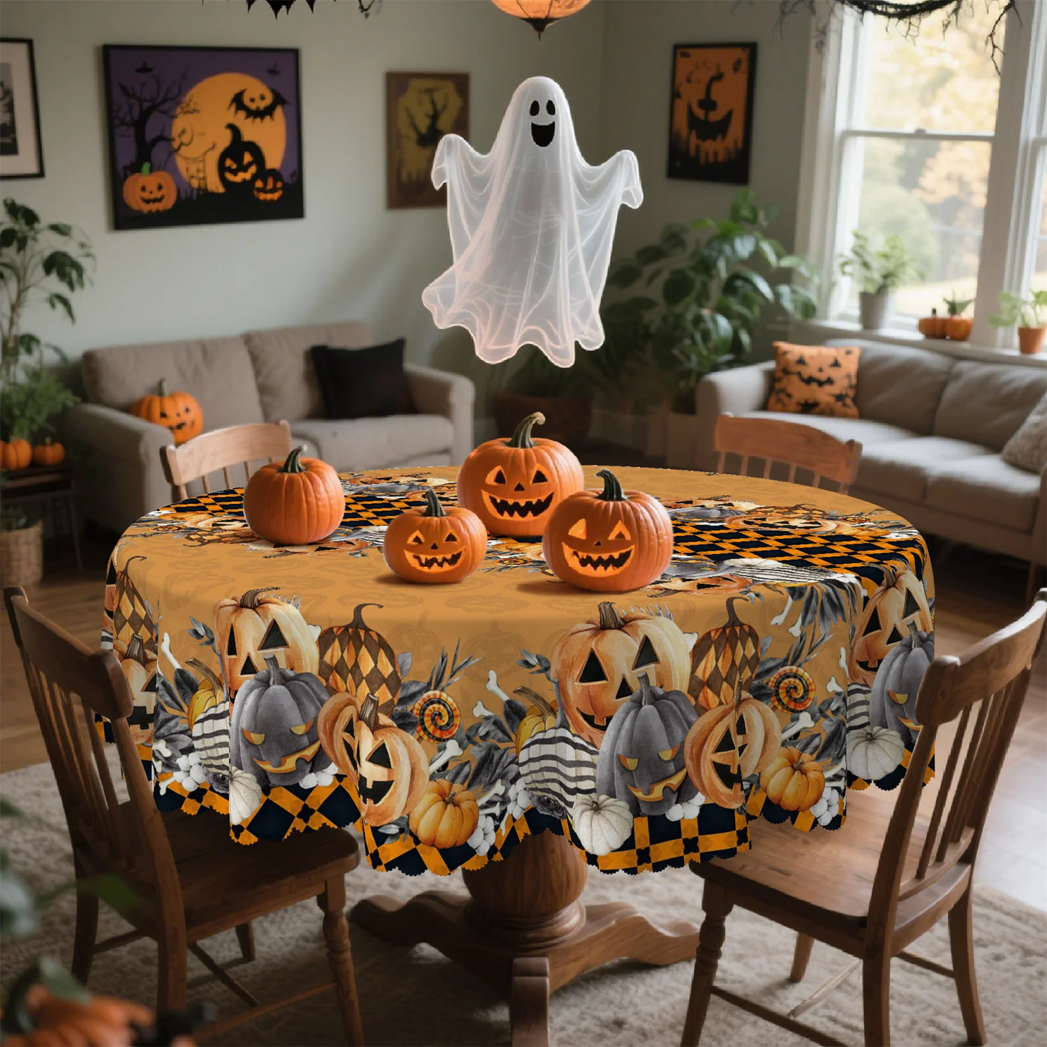 Striped-checkered pumpkin bone candy flower leaf Halloween tablecloth, 1 pack, suitable for kitchenzyc