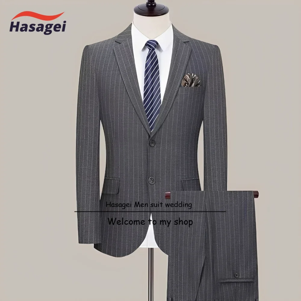 

Business Casual Men's Pinstripe Suit 2 Piece Classic Slim Fit Jacket Pants Suit Tuxedo Set Wedding Prom Men Suits