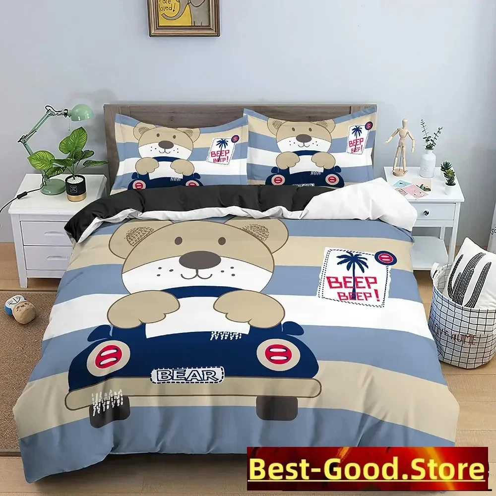 3D Print Cartoon Bear And Car Bedding Set Boys Girls Twin Queen Size Duvet Cover Pillowcase Bed Kids Adult Home Textiles