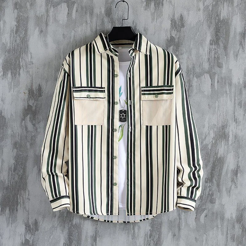 Men\'s Striped Long-sleeved Shirts, Casual Printed Shirts, Korean-style Ins Style Loose All-match Trend Tops