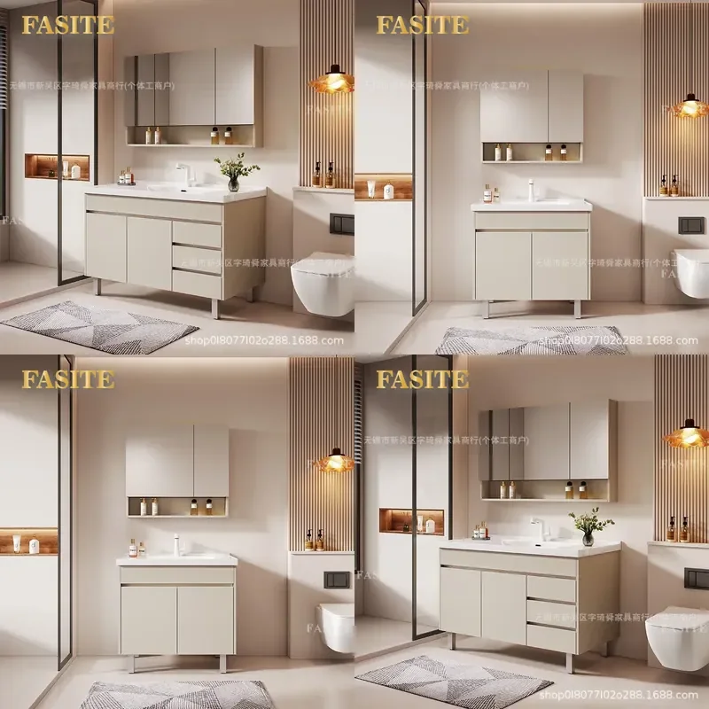For Modern Simple Bathroom Cream Floor to Ceiling Ceramic Integrated Washbasin Cabinet with Mirror Storage Vanity Unit