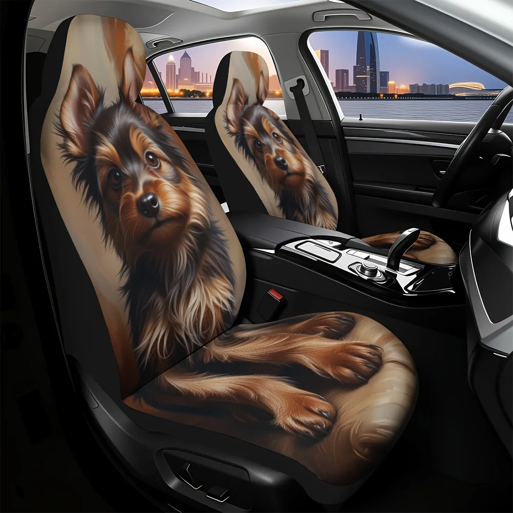 2pcs Yorkie Dog Car Seat Covers - Soft All-Season Fit For Cars, SUVs, Trucks - Realistic Yorkie Portrait Design With Expressive
