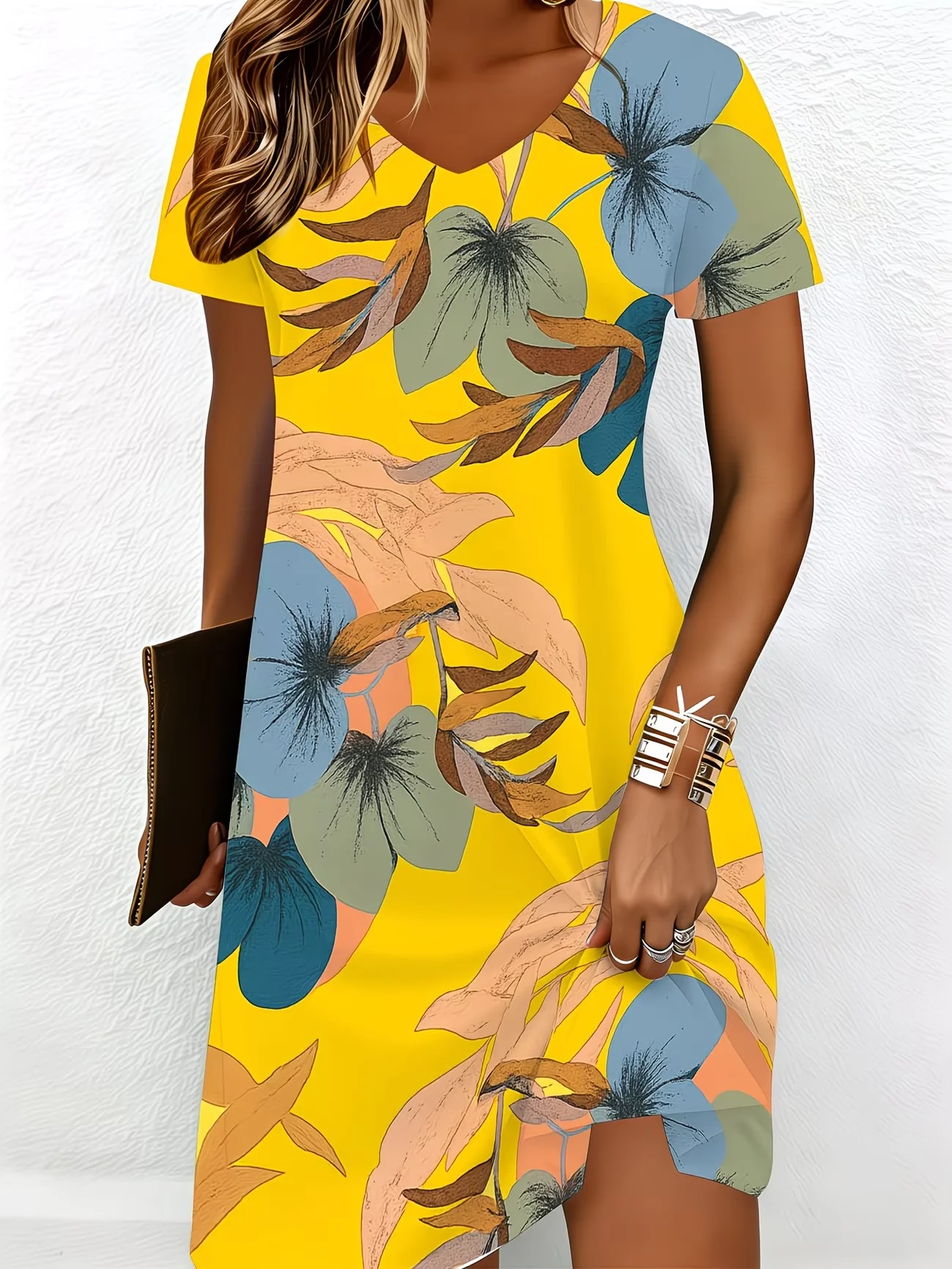 Summer Women's V-Neck Short-Sleeved Dress Floral Flower Beach Party Dress